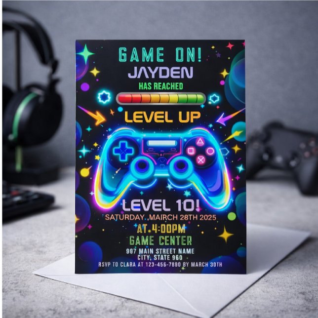 Convites Level Up Gamer Birthday Invitation – Neon Game (Criador carregado)