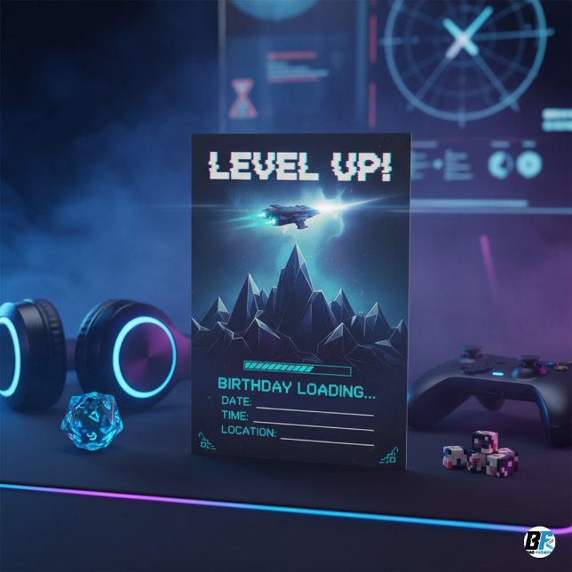 Convites Level Up Gamer Space Sci-Fi Glitch Birthday (GAMING BIRTHDAY CARD)