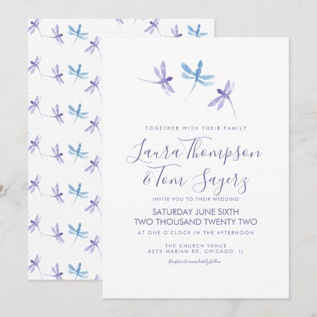 Convites Libélula Aquarela Casamento Escrita Elegante  (Frente/Verso)