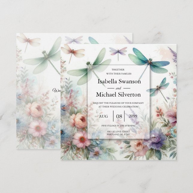 Convites Libélulas e Florais Pastéis Casamento (Frente/Verso)