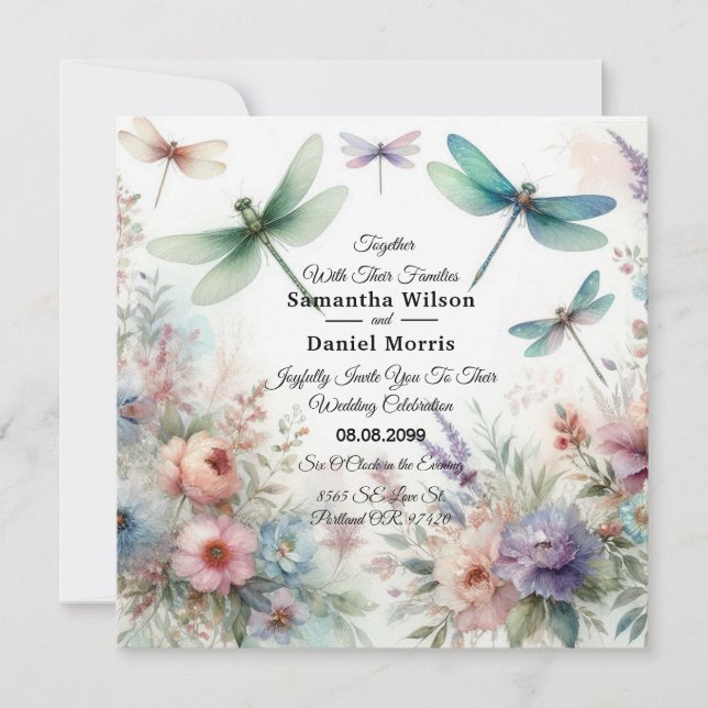 Convites Libélulas e Florais Pastel Casamento (Frente)