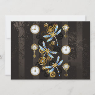 Convites Libélulas Steampunk em fundo listrado marrom
