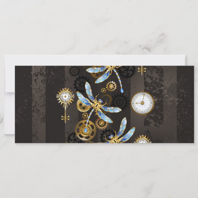 Convites Libélulas Steampunk em fundo listrado marrom (Frente)