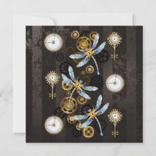 Convites Libélulas Steampunk em fundo listrado marrom