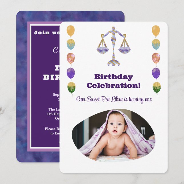 Convites Libra 1st Birthday Photo Impressionist Gold (Frente/Verso)