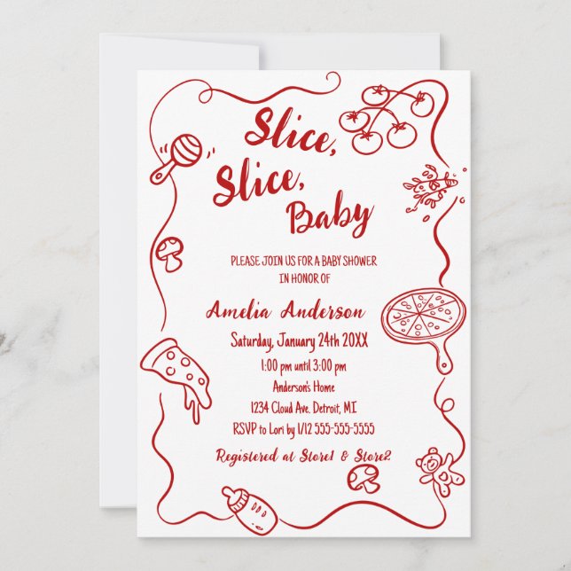 Convites lice Slice Baby | Red Doodle Pizza Baby Shower (Frente)