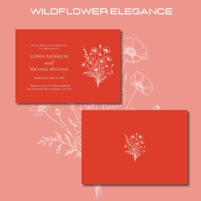 Convites Licença de Elegância de Flores Selvagens de Laranj (Wildflower Elegance Wedding Invitations-Red Orange-Rustic, bohemian, country
)