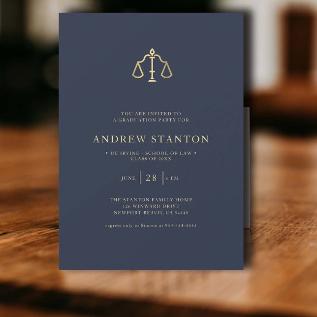 Convites Licenciatura na Faculdade de Direito Escala o Mari (law school graduation party invitation gold scales of justice navy elegant modern classic)