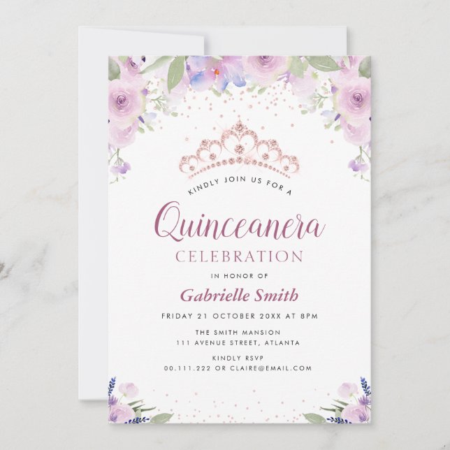 Convites licitação de Quinceanera floral de tiara roxa (Frente)