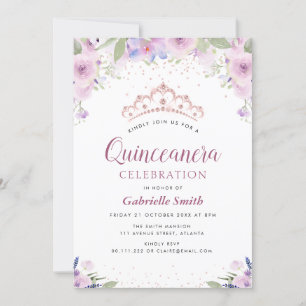 Convites licitação de Quinceanera floral de tiara roxa