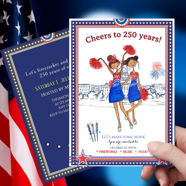 Convites Liderança de Torcida dos EUA Aniversário de 250 an (USA Cheerleader US 250th Anniversary Fun Patriotic Invitation)