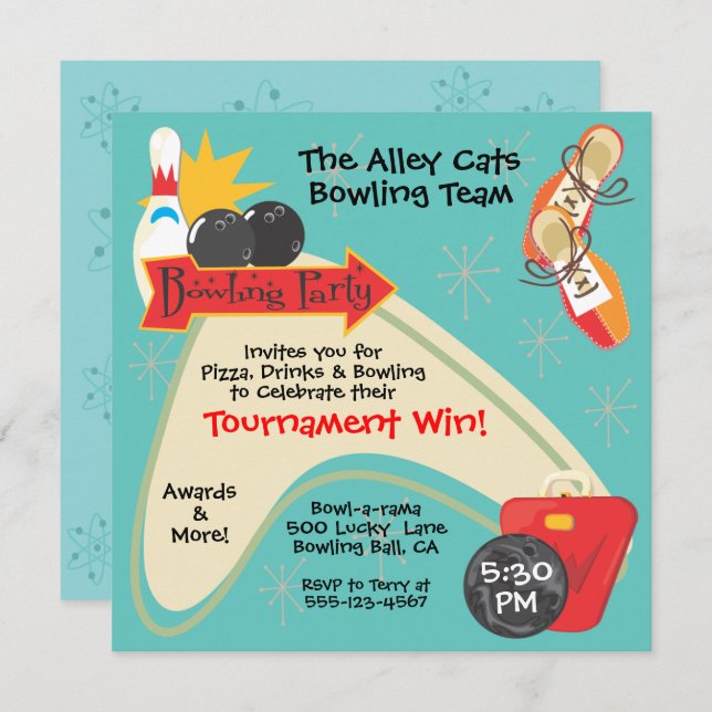 Convites Liga de Equipe de Boliche Retrô Festa (Frente/Verso)