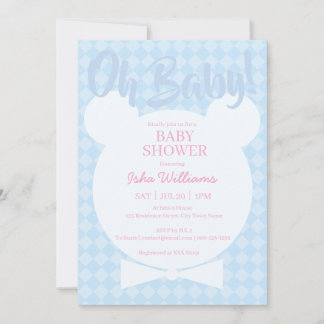 Convites Light Blue Bear bow tied Oh Baby Shower Invitation