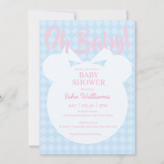 Convites Light Blue Bear Pink Oh Baby Shower Invitation