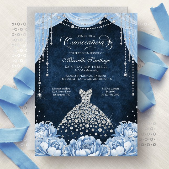Convites Light Blue Floral Princess Quinceanera Invitation (Criador carregado)