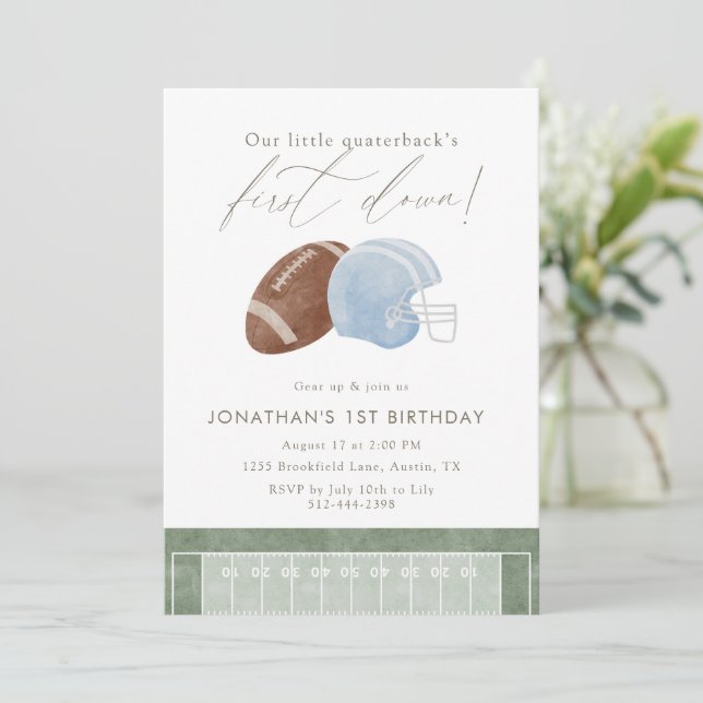 Convites Light Blue Football Helmet First Birthday (Em pé/Frente)