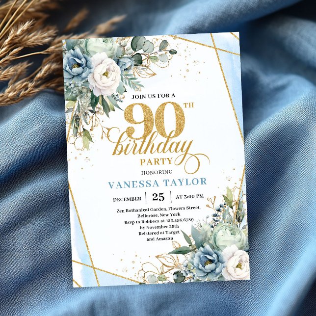 Convites Light blue gold accents floral chic 90th birthday  (Light blue gold accents floral chic 90th birthday invite)