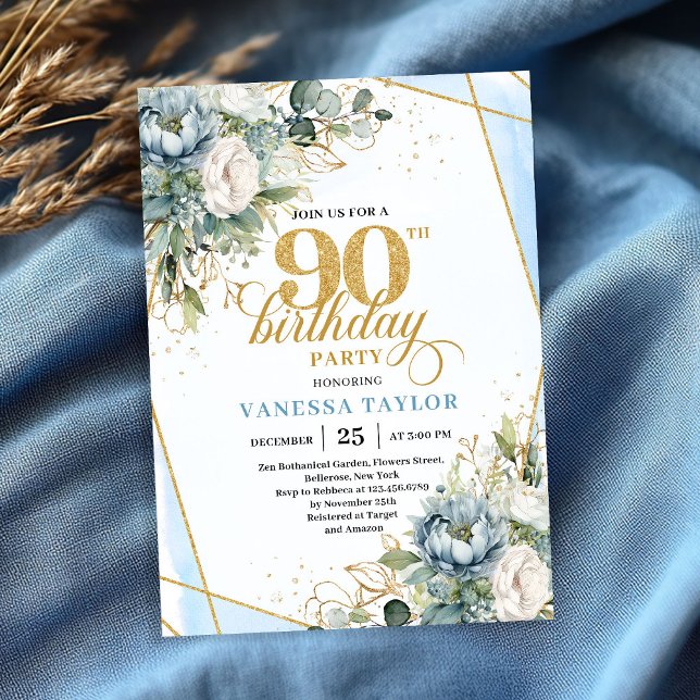 Convites Light blue gold luxe border greenery 90th birthday (Light blue gold luxe border greenery 90th birthday invite)