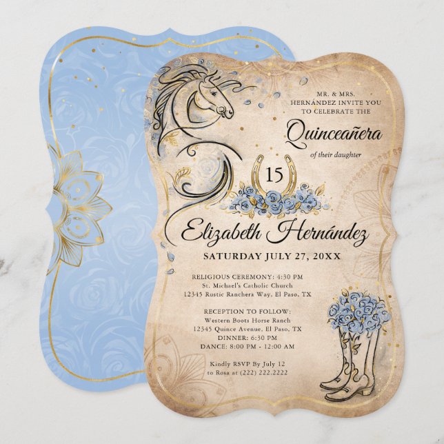 Convites Light Blue Gold Quinceanera Rustic Horse Birthday (Frente/Verso)