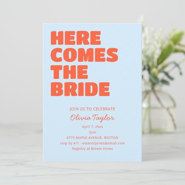 Convites Light Blue Orange Bold Typography Bridal Shower (Em pé/Frente)