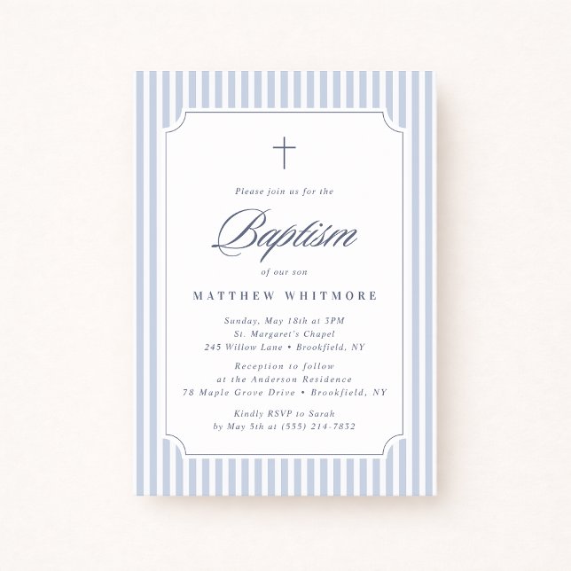 Convites Light Blue Striped Baptism Invitation (Criador carregado)