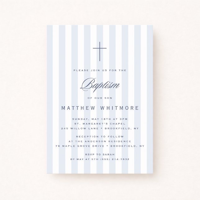 Convites Light Blue Striped Boy Baptism Invitation (Criador carregado)
