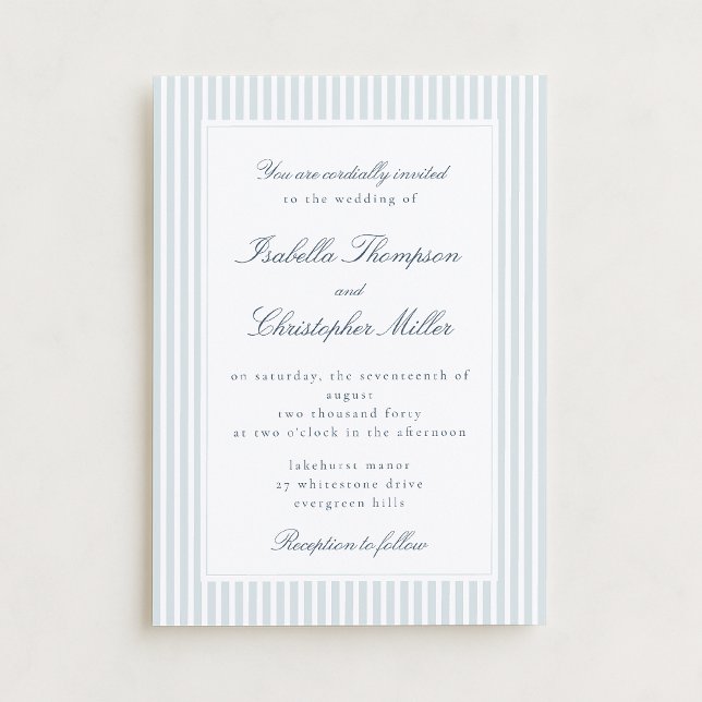 Convites Light Blue Striped Modern Script Wedding Invitatio (Criador carregado)