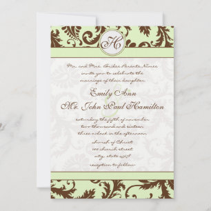 Convites Light Celery Green Brown Damask Wedding Invitation