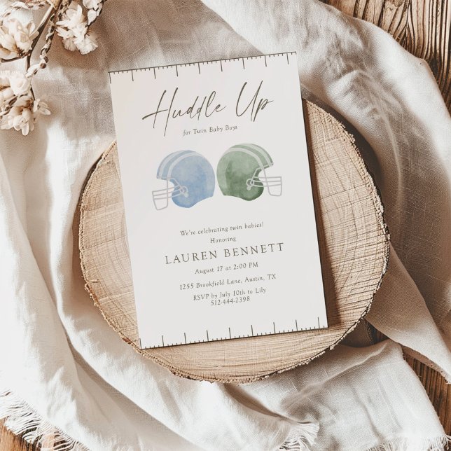 Convites Light Green Blue Huddle Up Twin Boys Baby Shower (Criador carregado)