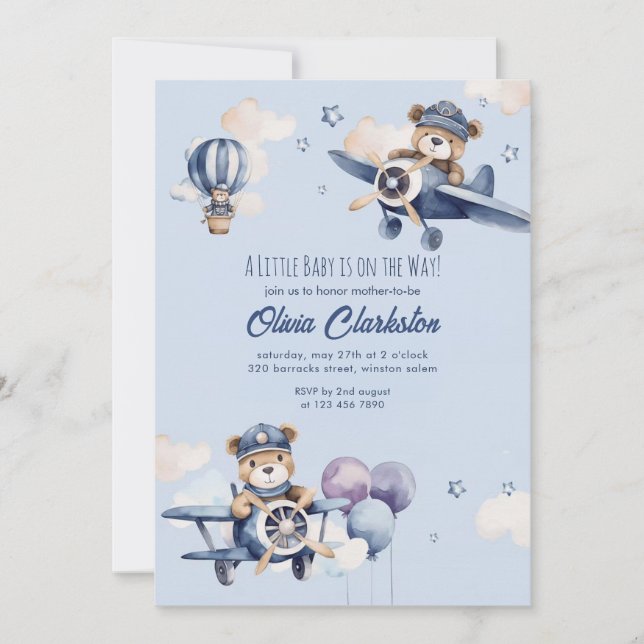 Convites Light Soft Blue Teddy Bear Aircraft Baby Shower  (Frente)
