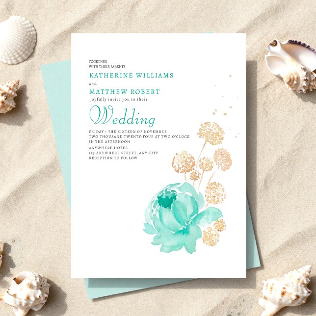 Convites Light Teal & beige Summer Beach Wedding (Criador carregado)