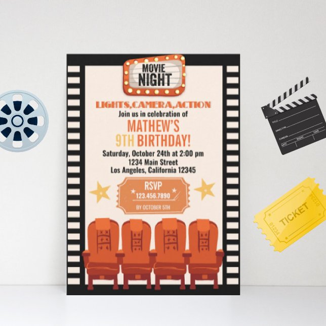 Convites Lights Camera Action Movie Night Birday (Criador carregado)