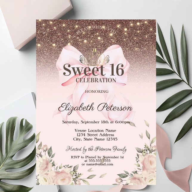 Convites Lights, Pink Bow Flowers Glitter Sweet 16 (Criador carregado)