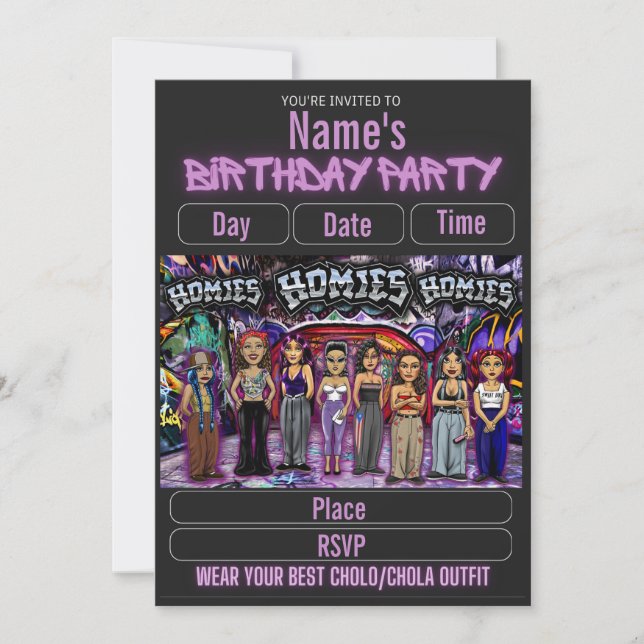 Convites Lil Homies Chicanas Party Invitation 90s Theme (Frente)