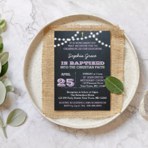 Convites Lilac Baptism Luzes Chalkboard