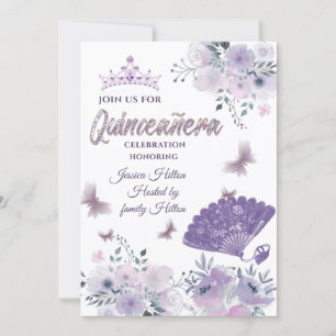 Convites Lilac Butterfly fã floral de mão tiara Quinceañera