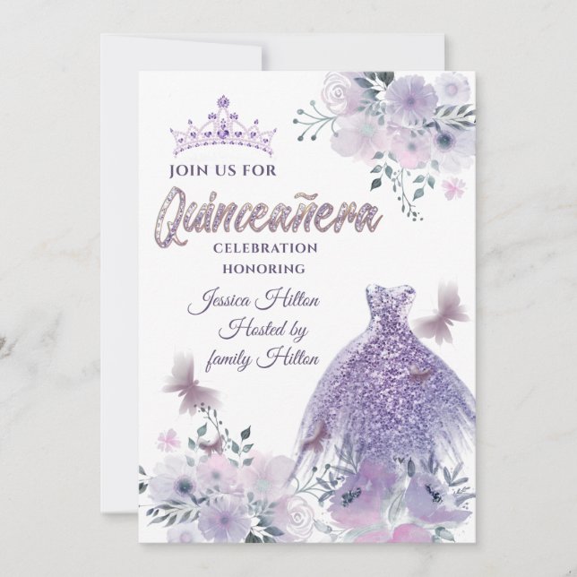 Convites Lilac Butterfly florden tiara Quinceañera (Frente)