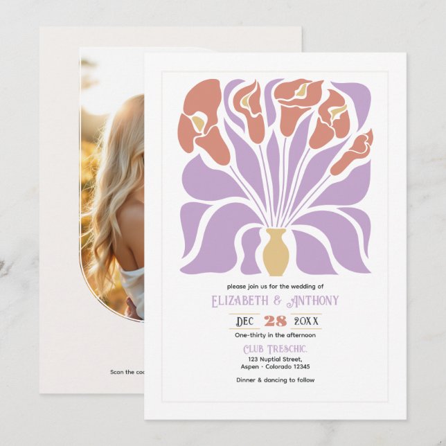 Convites Lilac & Clay Rose Abstract Floral Boho Wedding (Frente/Verso)
