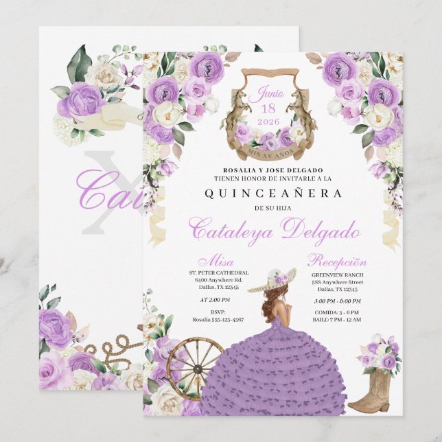 Convites Lilac Cowgirl Western Princess Quinceañera (Frente/Verso)
