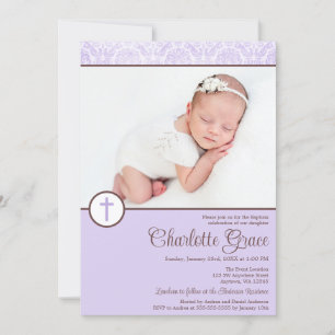 Convites Lilac Damask Cross Girl Foto Baptism Christening