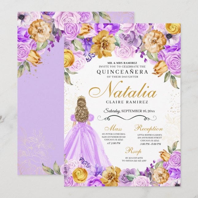 Convites Lilac Dourada Princesa Glitter Tiara Quinceanera (Frente/Verso)