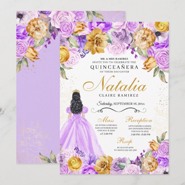 Convites Lilac Dourada Princesa Glitter Tiara Quinceanera (Frente/Verso)