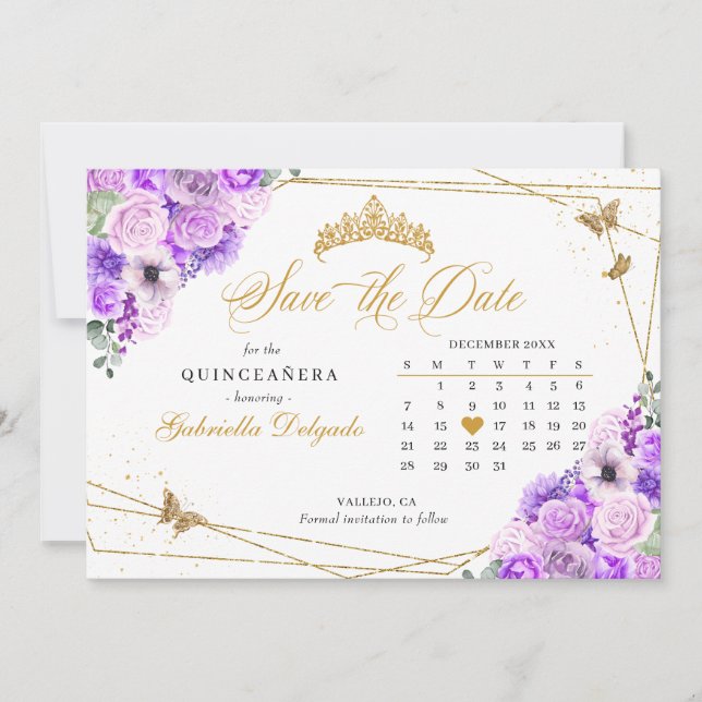 Convites Lilac & Dourado Quinceañera Salve A Data (Frente)