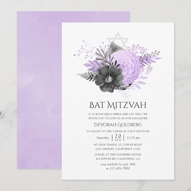 Convites Lilac e Carvão Floral Bat Mitzvah (Frente/Verso)