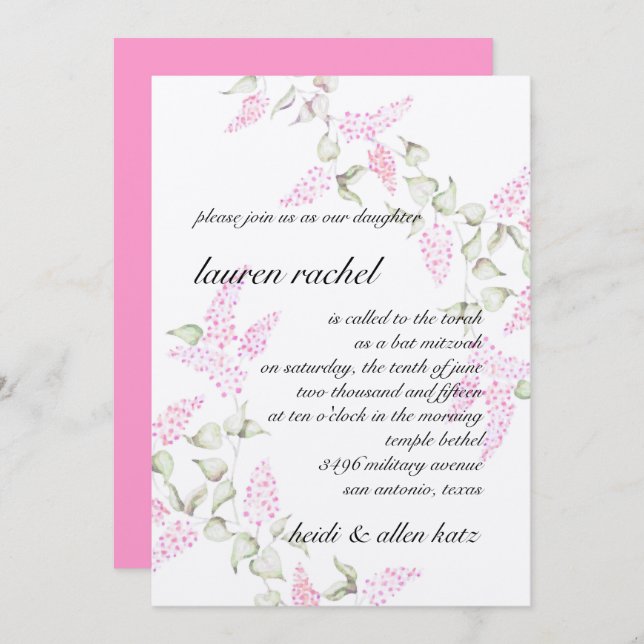 Convites Lilac Floral Rosa Bat Mitzvah (Frente/Verso)