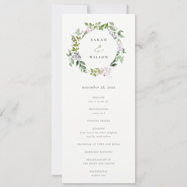 Convites Lilac Floral Wreath Cottage Weding Program (Frente)