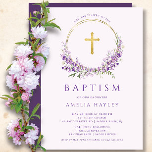 Convites Lilac Flores Meninas Primeiro Batismo