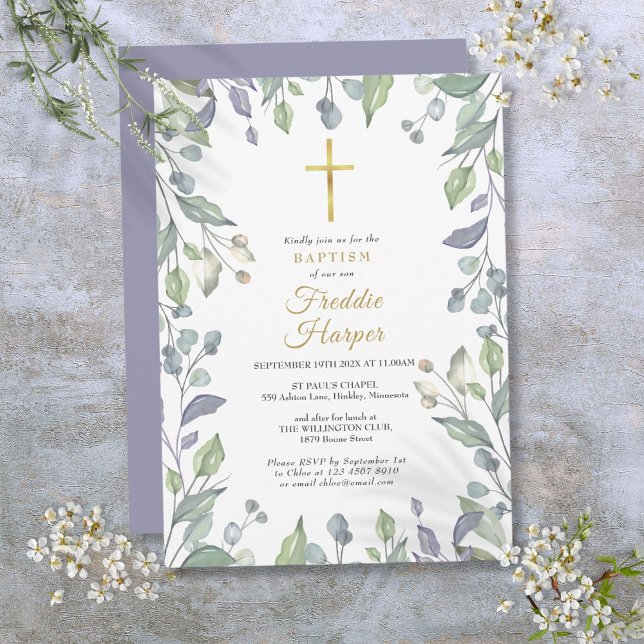 Convites Lilac Flores Selvagens Aquarelas Baptism Christeni (Lilac Wildflowers Watercolor Baptism Christening Invitation)