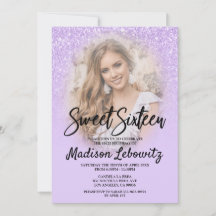 Lilac Glitter Glam Sweet 16 Photo Invitation