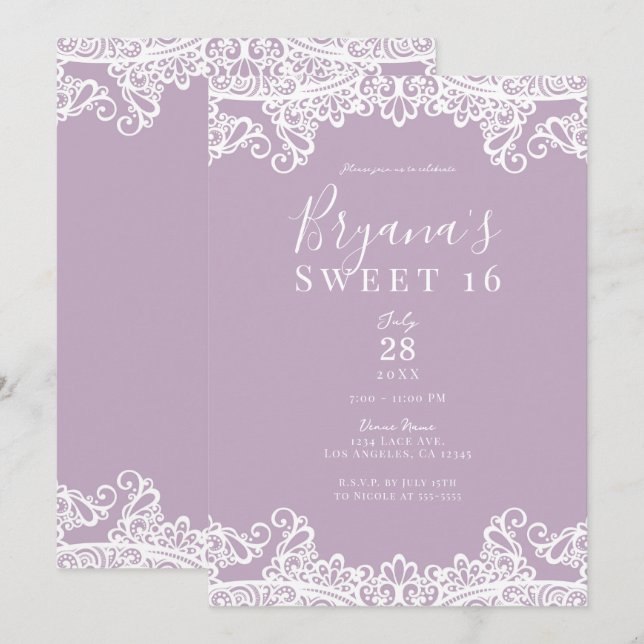 Convites Lilac Mauve & White Lace Elegant Sweet 16 Party (Frente/Verso)